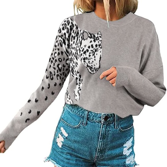 WDSTYLE Crew Neck Knitted Sweaters for Women Loose Casual  Leopard Print… - Picture 3 of 13